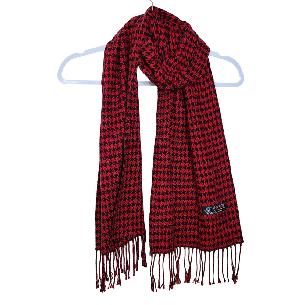 100% Cashmere Red Black Houndstooth Scarf Italian Design Classic Luxury Menswear